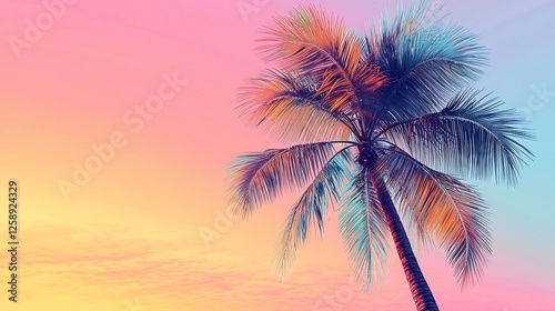 Vibrant sunset with a palm tree silhouette against a colorful sky, evoking tranquility