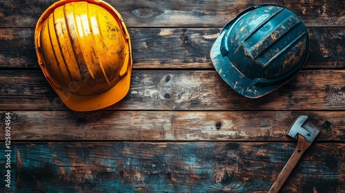 Construction helmets and a hammer arranged on a wooden surface in a workshop