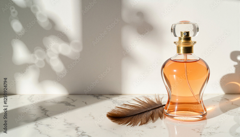 Fototapeta premium Artistic glass perfume bottle with feather on marble countertop, elegance