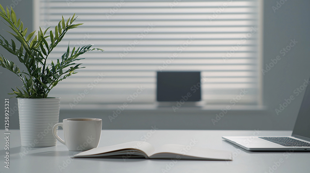 Cozy workspace setup with plant cup and notebook home office minimalist calm atmosphere Cozy workspace setup with plant cup and notebook home office minimalist calm atmosphere