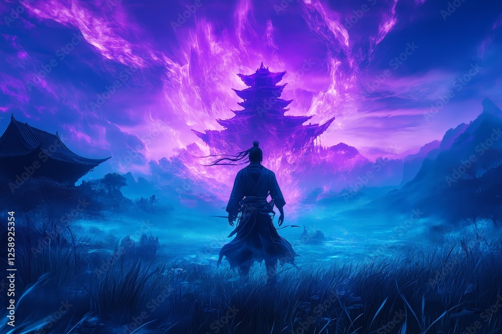 Fototapeta premium Samurai silhouette against a vibrant purple and blue fantasy landscape with a majestic pagoda in the background