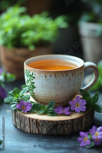 Cup of herbal tea surrounded by fresh mint and purple flowers on a rustic woo...
