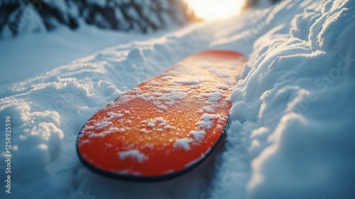 Sunny winter afternoon with a snow-covered snowboard on a mountain trail