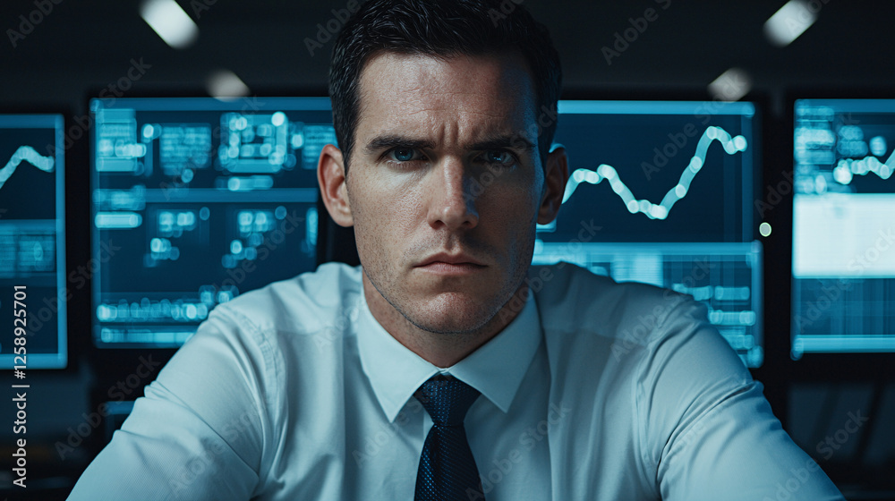 Intense business analysis by focused analyst in modern office technology environment close-up Intense business analysis by focused analyst in modern office technology environment close-up