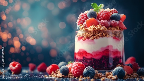 Delicious layered dessert with fresh berries and granola against a colorful b...