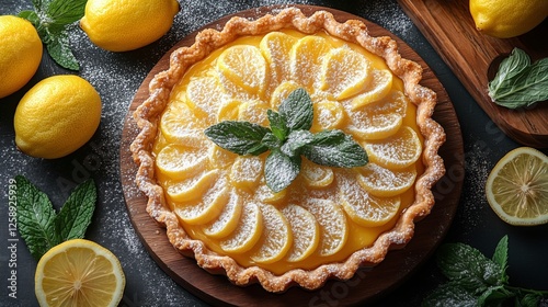 Lemon tart garnished with mint and powdered sugar on a wooden serving board
