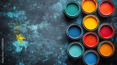 Colorful paint cans arranged artistically on a textured background