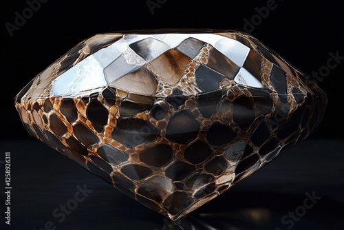 Faceted diamond shaped object with organic patterned brown coloration