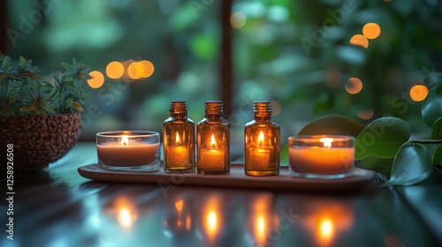 Set of candles and essential oil bottles in a serene, green indoor setting du...