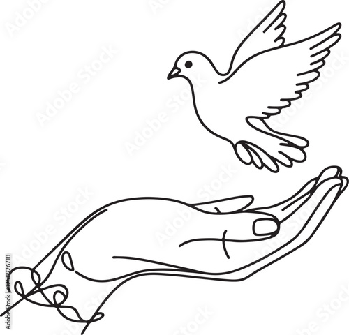 Line Art of Hand Offering Peace with Dove – Vector Illustration
