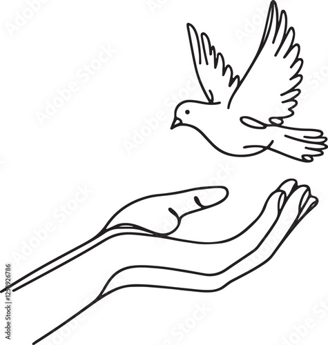 Line Art of Hand Offering Peace with Dove – Vector Illustration