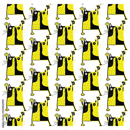 Pattern of whimsical, cartoon-style black and yellow cats with quirky expressions, displayed in a repeating grid on a white background.