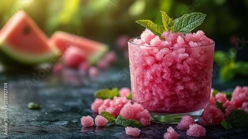 Refreshing watermelon granita served in a glass with mint leaves on a dark su...