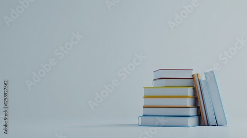 A stack of colorful books stands against a minimalist backdrop. Each book has a unique design and color. This image evokes a sense of knowledge and learning. Generative AI photo