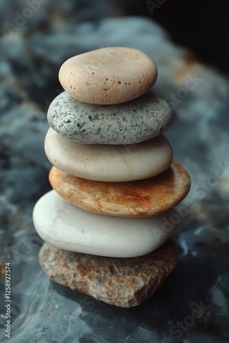 Perfectly balanced stack of smooth stones on textured surface during natural ...