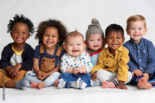 Multicultural Unity: Diverse and joyful babies and toddlers of different ethnicities laughing and sitting together on a clear background. photo