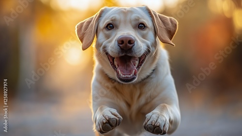Happy labrador running outdoors in golden light during sunset