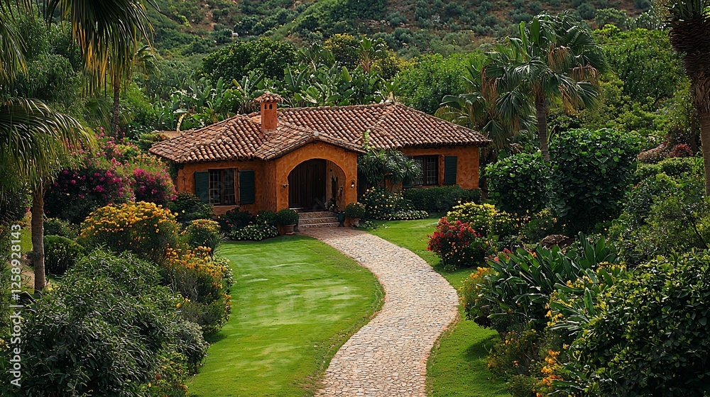Charming rustic house surrounded by lush gardens and tropical plants in a serene landscape Charming rustic house surrounded by lush gardens and tropical plants in a serene landscape