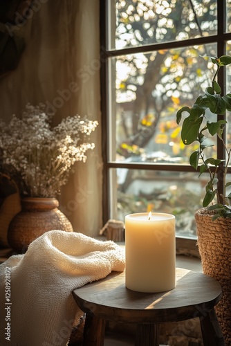 Soft candlelight illuminates cozy interior with plants near window during aft...