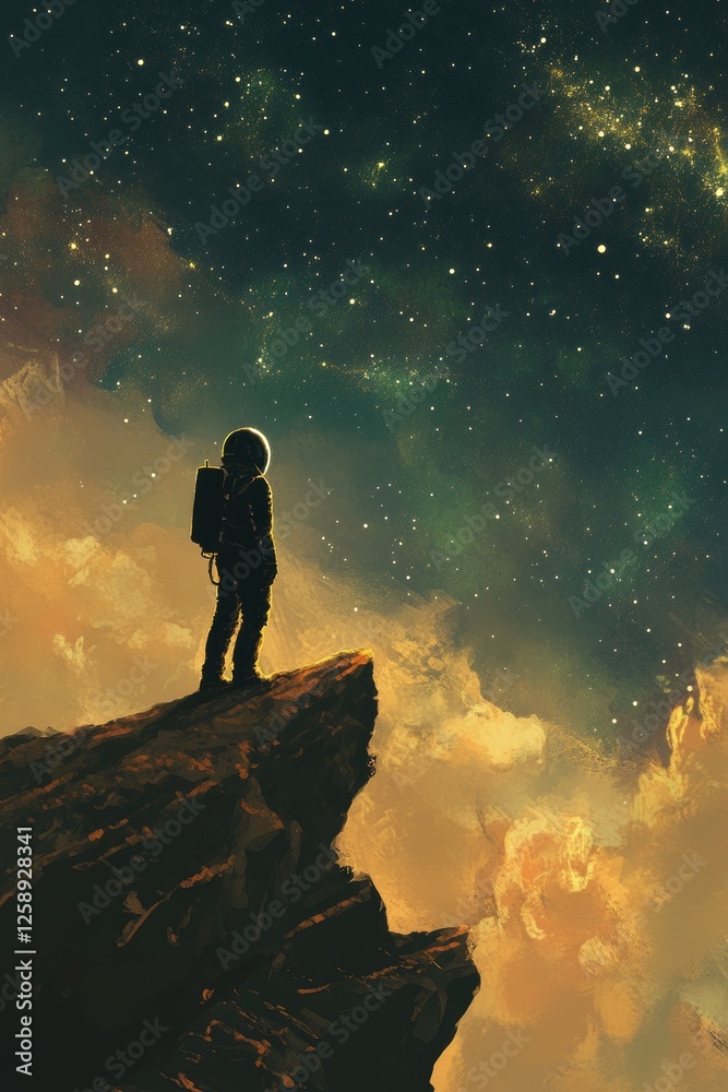 Fototapeta premium Astronaut gazes at stars on rocky outcrop