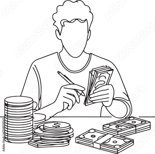 Vector Art of a Person Counting Money in Line Drawing Style