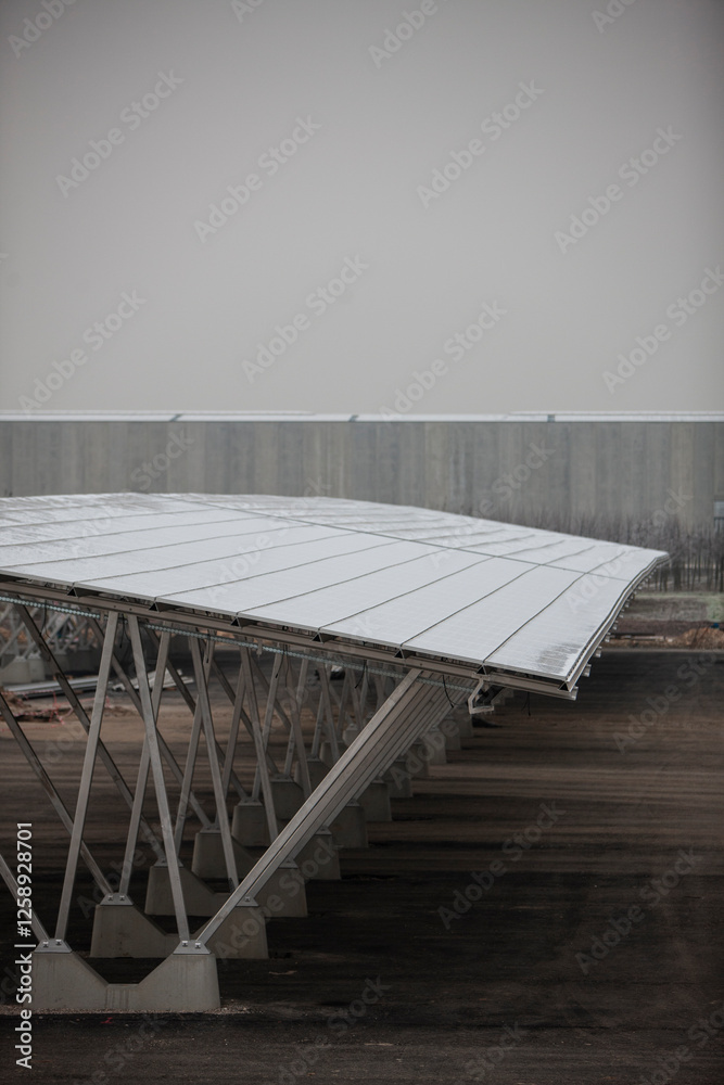 Building site of solar car park in winter. Italy Building site of solar car park in winter. Italy