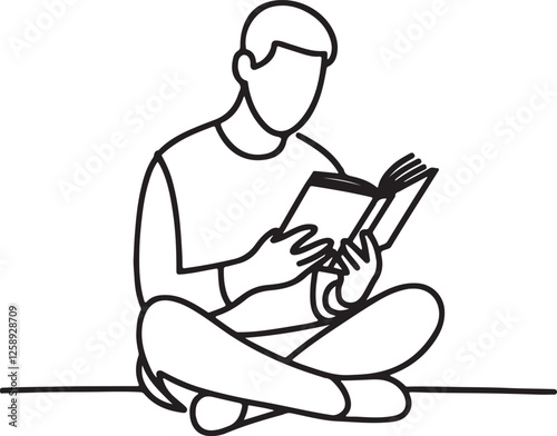 Calm and Relaxing Line Drawing of a Person Reading While Sitting Cross-Legged