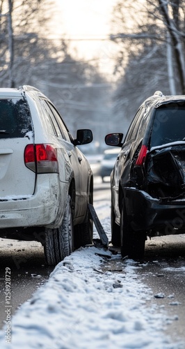 Winter car accident, two vehicles collided on snowy road. Possible use insurance claim, accident report photo