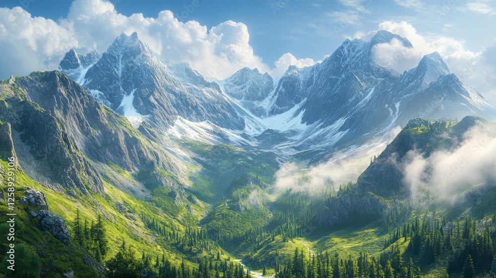 Fototapeta premium Snow-Capped Mountain Peaks Over Lush Green Valley