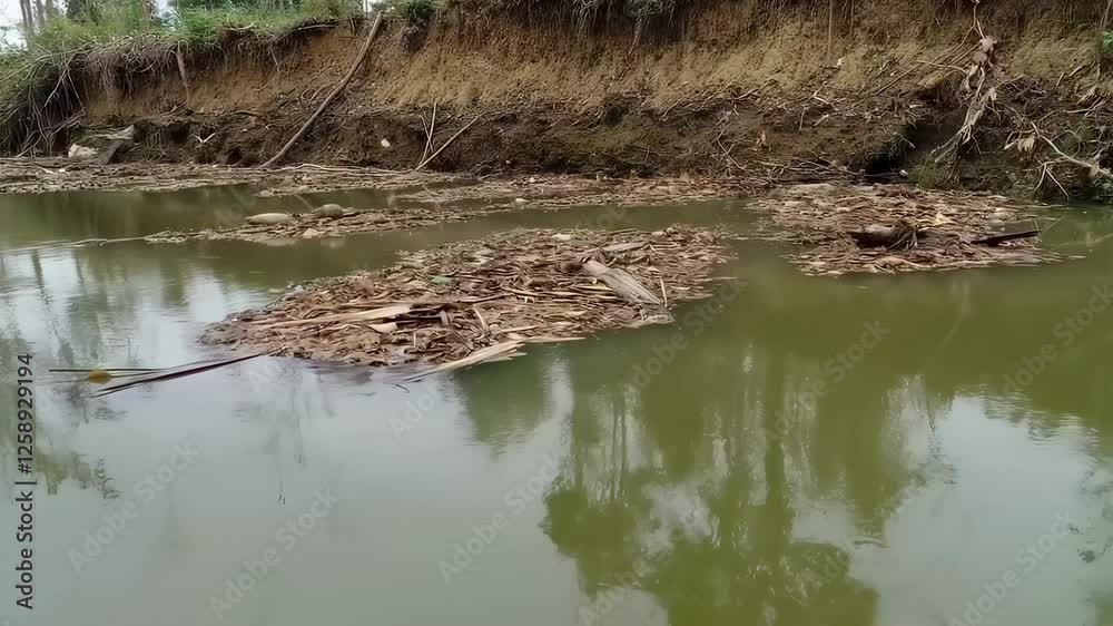 Debris accumulating and forming natural dams in river Debris accumulating and forming natural dams in river