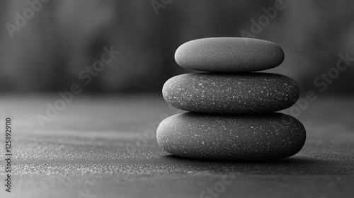 Stacked smooth stones in calming arrangement on a textured surface in monochrome