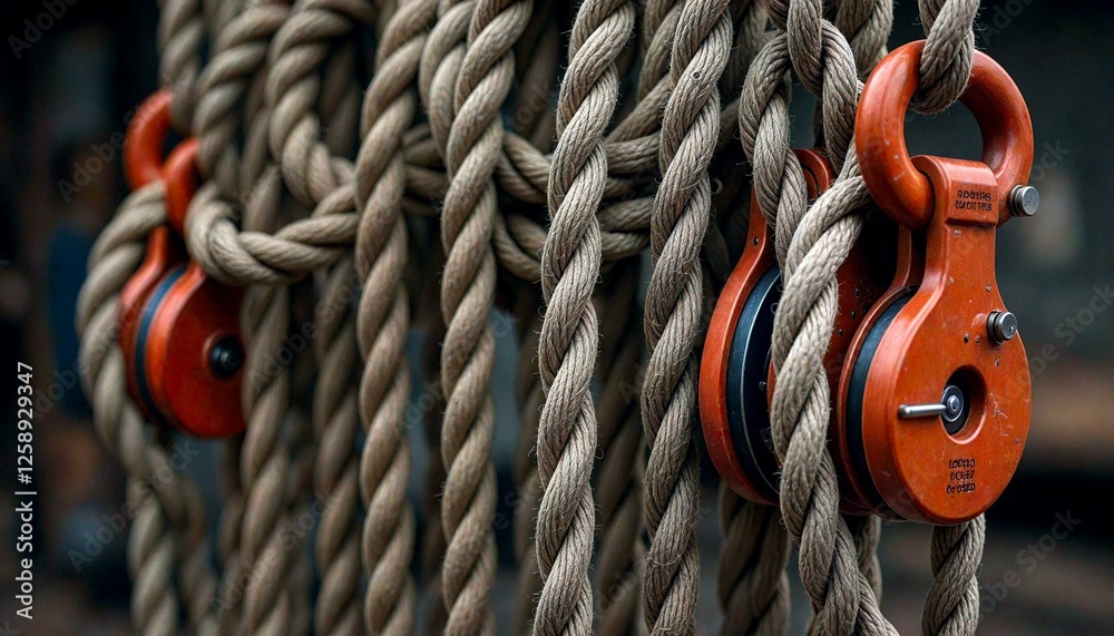 Close-up Ropes with Pulleys Attached Close-up Ropes with Pulleys Attached