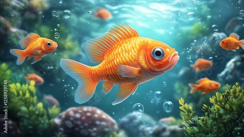 Vibrant goldfish swimming gracefully in a colorful underwater environment dur...