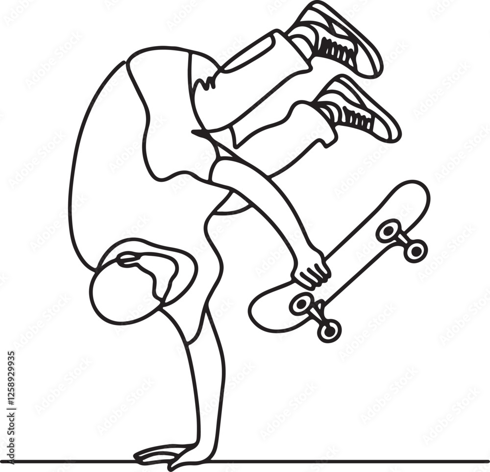 Fototapeta premium Skateboarder Handplant Trick Vector Illustration - Simple Line Drawing