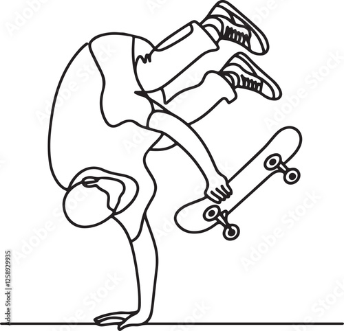 Skateboarder Handplant Trick Vector Illustration - Simple Line Drawing