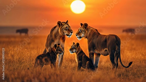 A lions pride in the savannah against the backdrop of sunset. Two lioness and two cubs in African national park.
