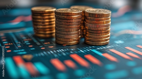 Stacks of coins on a financial chart highlighting investment trends and marke...