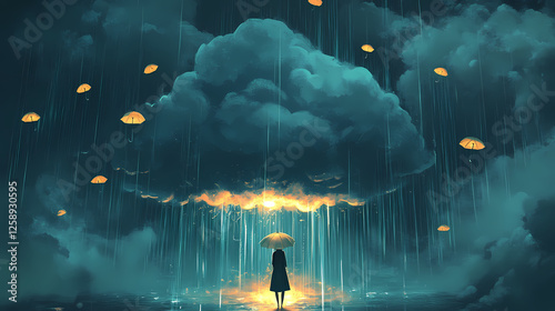 Sentient storm cloud raining brilliant glowing ideas followed by whimsical umbrellas archiving flowing thoughts. Sentient Storms. Illustration