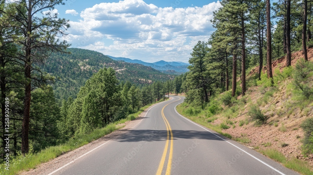 Winding Mountain Road Through Lush Green Pines Winding Mountain Road Through Lush Green Pines