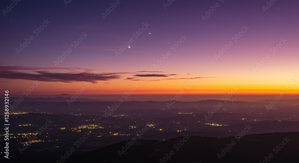 Crescent Moon at Twilight Over Scenic Landscape – Ramadan Background Crescent Moon at Twilight Over Scenic Landscape – Ramadan Background