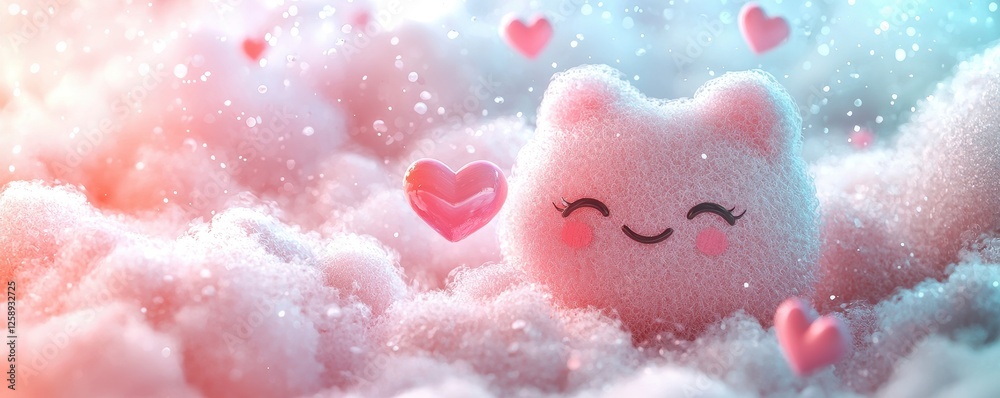 Obraz premium Whimsical cat character dreamy cloud setting digital art soft pastel colors playful atmosphere cute and heartfelt concept