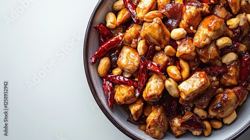 Close-up of kung pao chicken with peanuts and dried chili peppers on white background