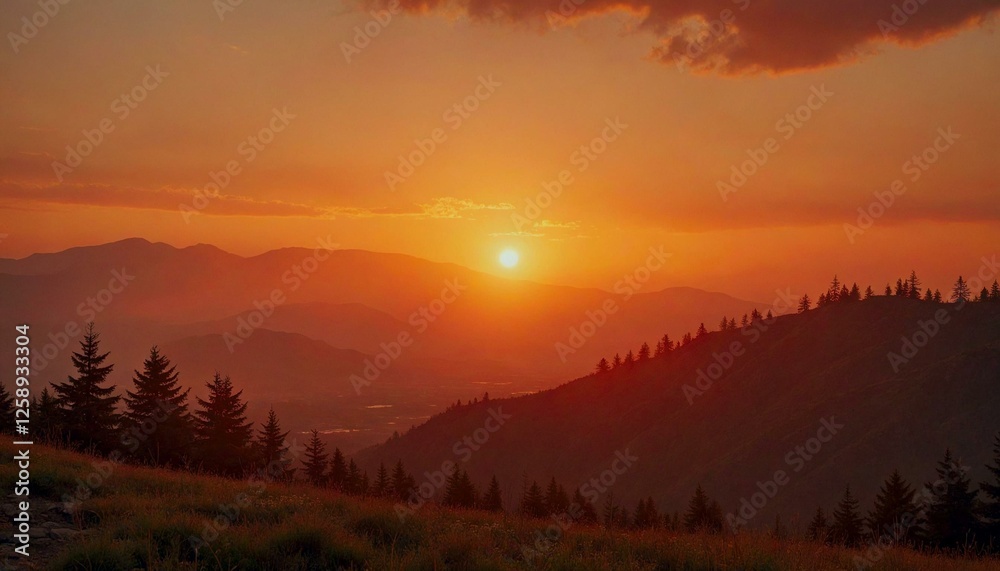 Obraz premium Sunset Over Mountain Range with Tree Silhouettes