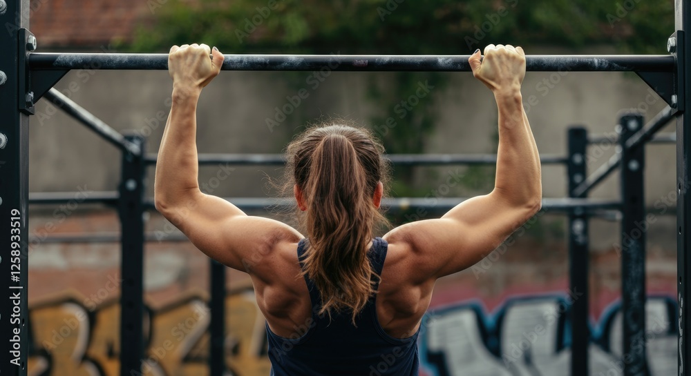 Naklejka premium Strong woman doing pull-up exercise outdoors