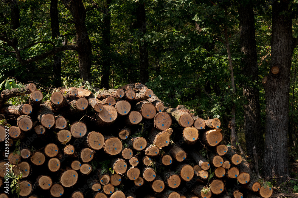 Stack of freshly cut logs in the forest
Stack of freshly cut logs in the forest