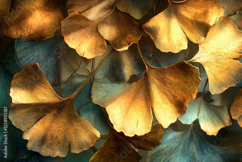 Bronze and Green Ginkgo Leaves with Reflective Metallic Finish and Dramatic Lighting