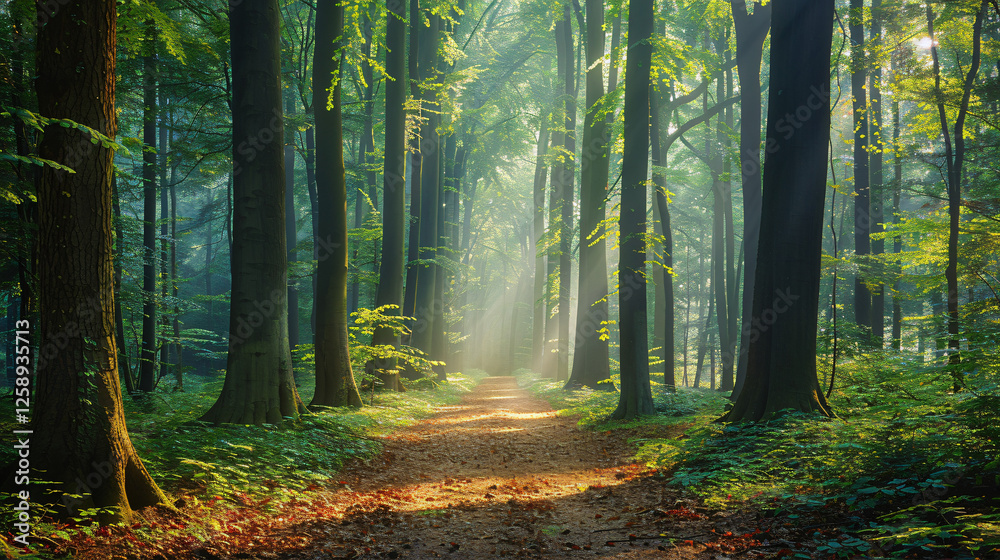 Obraz premium A peaceful forest pathway surrounded by tall trees and soft sunlight filtering through the leaves, with no people in sight. The serenity of nature invites a calming escape from the busy world.