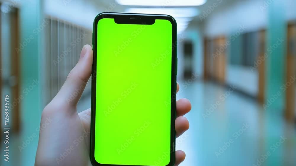 A hand grips a smartphone with a green screen in a brightly lit school hallway, lined with lockers and classroom doors.