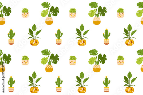 A seamless botanical pattern featuring various potted houseplants. Ideal for design projects and fabric prints