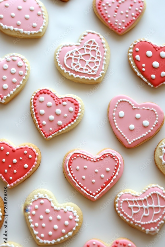 Heart-shaped pink cookies with decorative icing on white background Heart-shaped pink cookies with decorative icing on white background